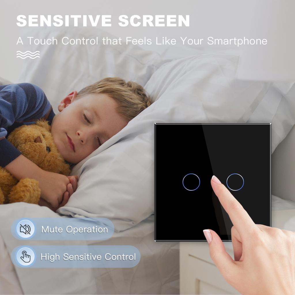 BSEED EU Standard 1/2/3Gang 2Way Wall Touch Switch Light Sensor Switches Wall Socket USB Type-C Crystal Glass Panel 240V Black