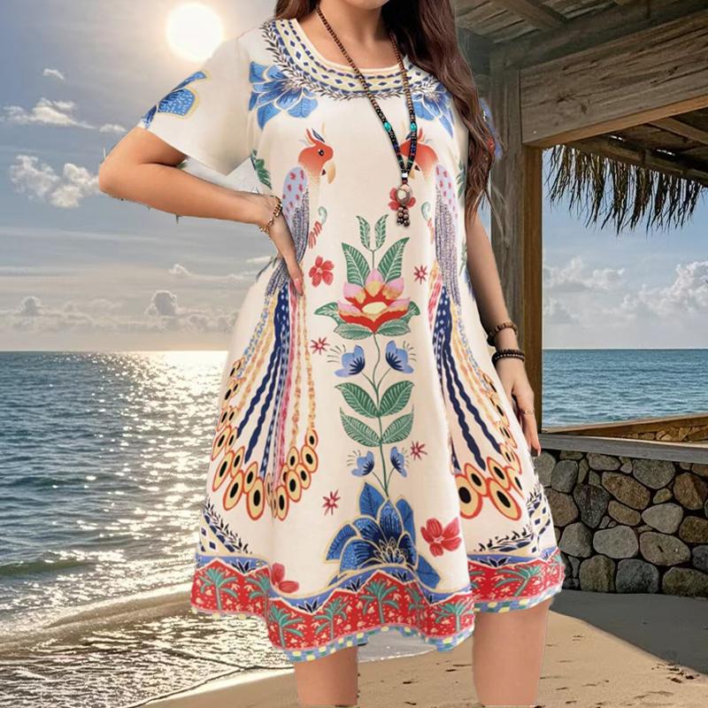 

Жіноча Мода Витончені Ретро Квітковий Принт Літо Весна Короткий Рукав Круглий Виріз Повсякденні Сукні 8XL фіолетовий