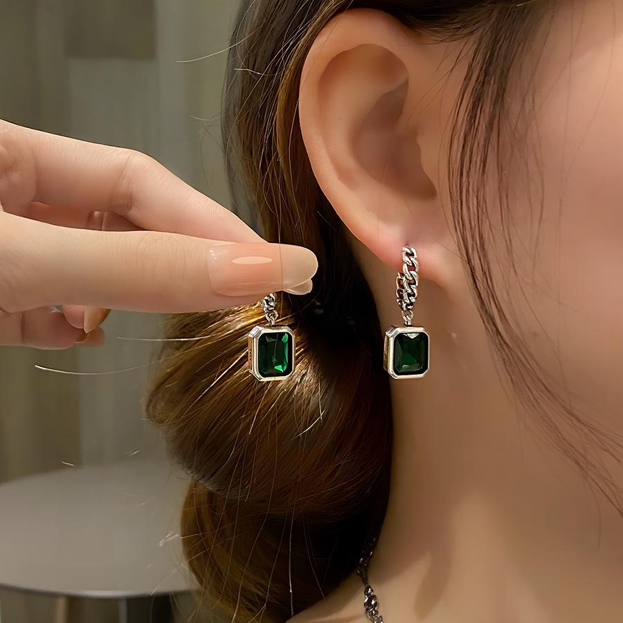 Vintage Hip Hop Green Zircon Geometric Square Dangle Earrings for Women - Trendy and Stylish Ear Cuffs