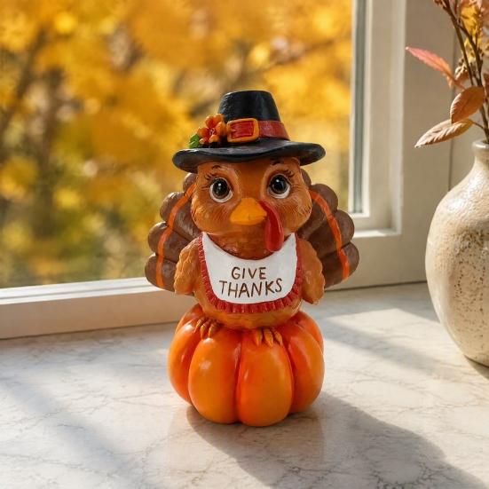 Holiday Gift for Friends And Family Resin Turkey Pumpkin Ornament Thanksgiving, Autumn Harvest Festive Tabletop Cute Statue Figurine with Retro