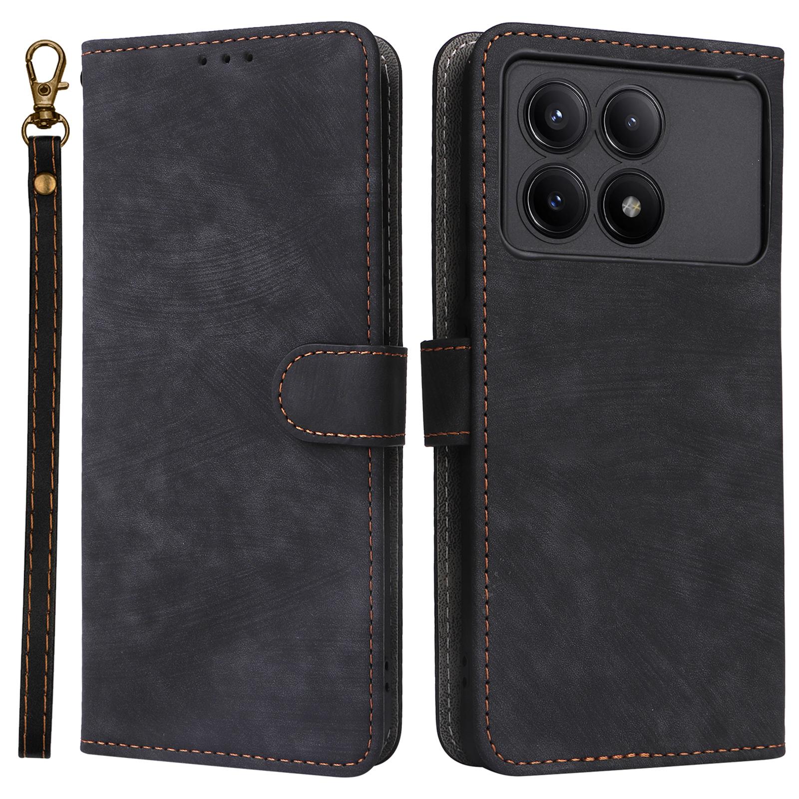 

For Xiaomi Redmi K70E 5G/Poco X6 Pro 5G Wallet Case RFID Blocking Phone Cover with Hand Strap Black