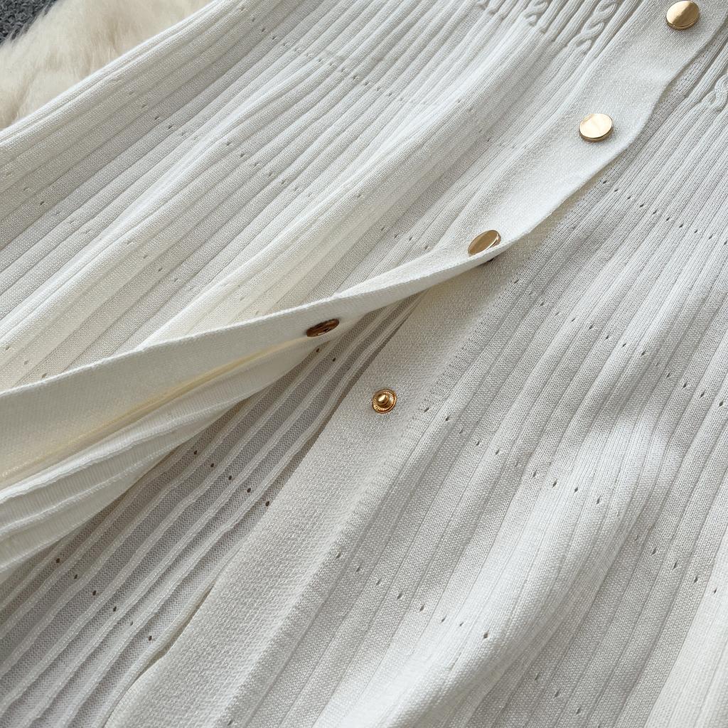 Summer Women Elegant V-neck Designer Embroidery Letter Knitted Sweater Single Breasted Long Midi Dresses