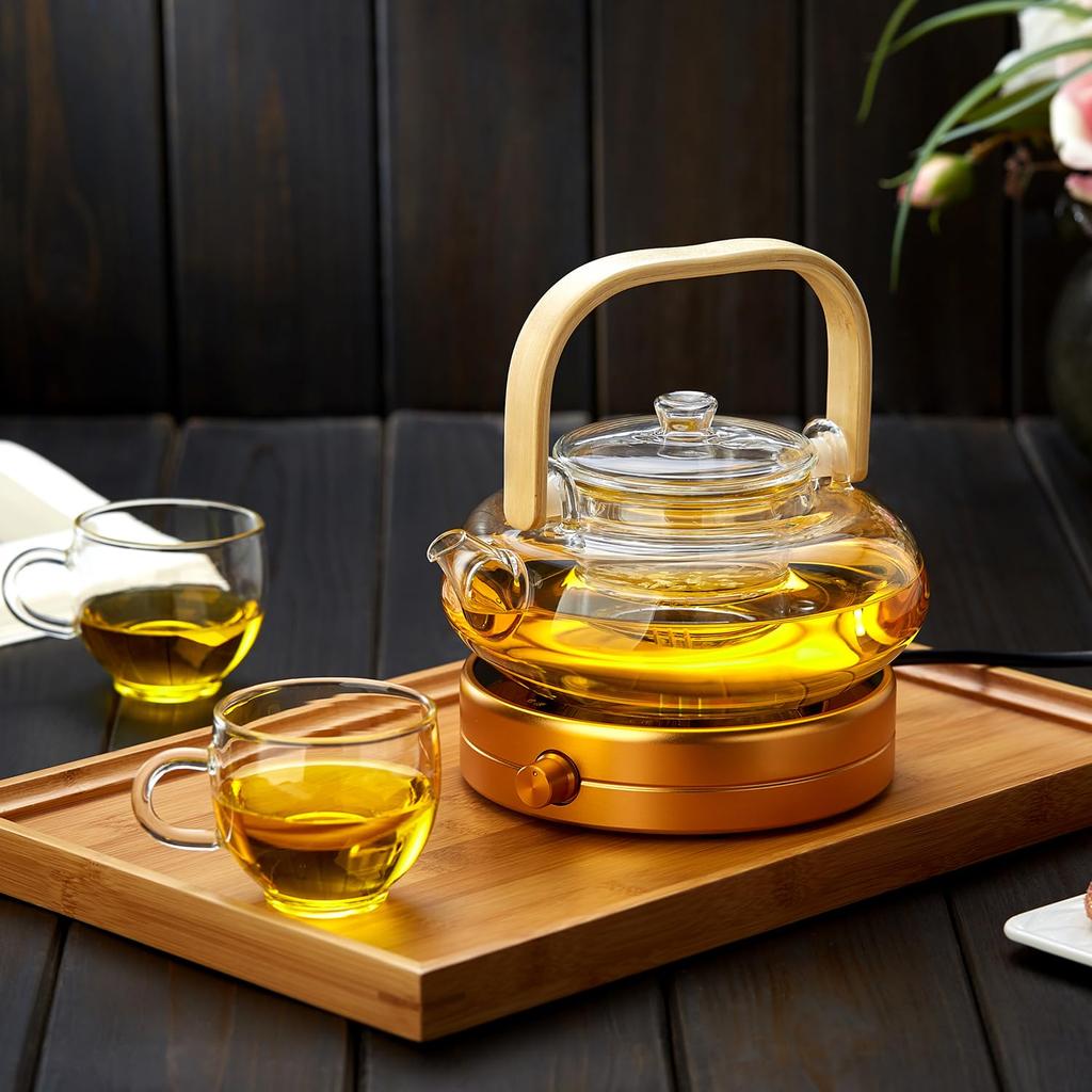 Dzbanek do herbaty Pokaro ze szkła żaroodpornego, 800 ml pojemności całkowitej, bambusowy uchwyt, płaski design, wbudowany zaparzacz, bezpieczny na kuchence, stylowy szklany dzbanek do herbaty,