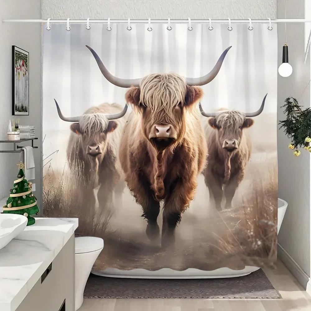 Farm Animals Highland Cattle Shower Curtain Rustic Rustic Farmhouse Plank Vintage Style Washable Shower Curtains Bathroom Decor