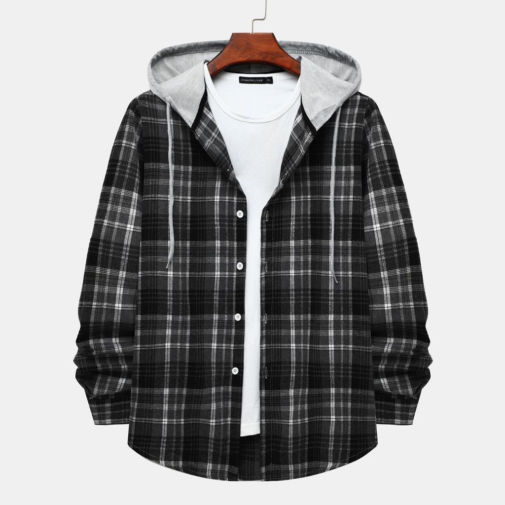 Autumn New Men's Casual Fashion Couple Hooded Plaid Long Sleeve Shirt Trend