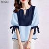 Women Casual V-Neck Half Sleeve Loose Patchwork Blouse