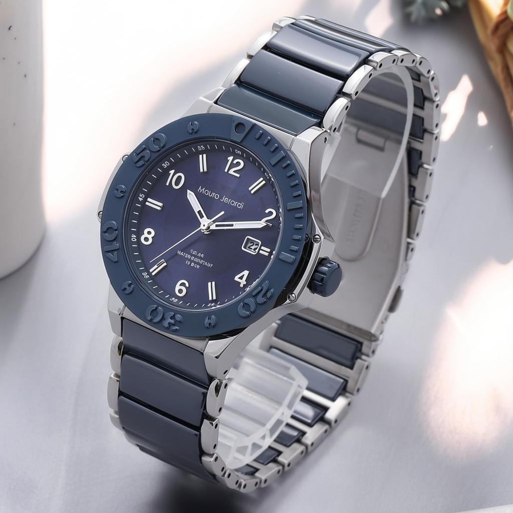 Solar Watch 10 ATM Water Resistant Stainless Steel Ceramic Bracelet Color [Mauro Gerardi] MJ034-6 Men's & (Dial - Blue)