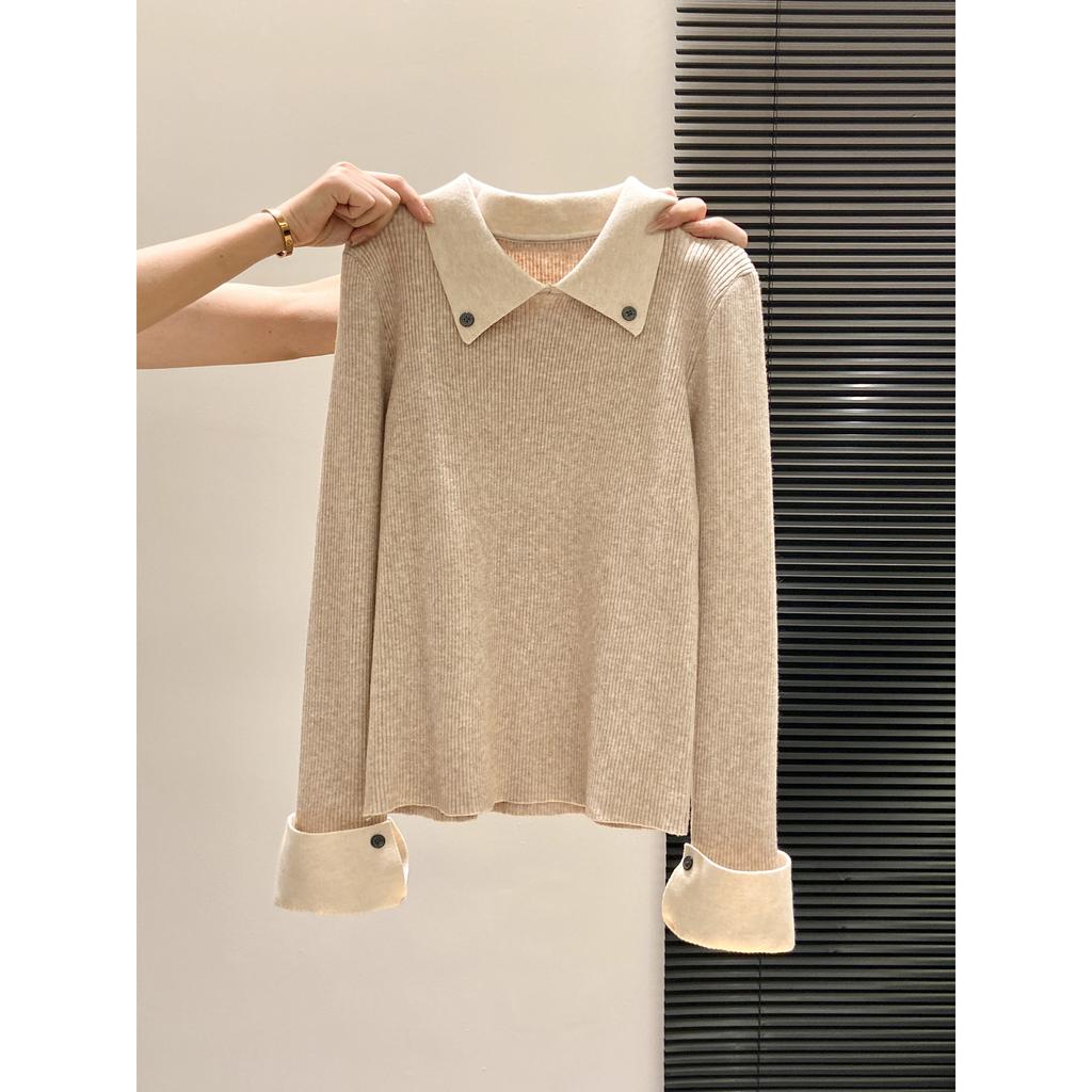 Temperament Contrasting Color Knitted Sweater Women's Autumn and Winter Niche Chic Olo Lapel Inside Sweater Backing Top
