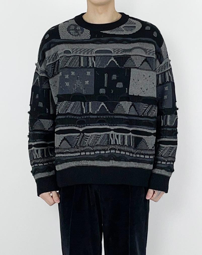 A MADE Pattern Mix Oversized Knit Sweater (Black Gray)