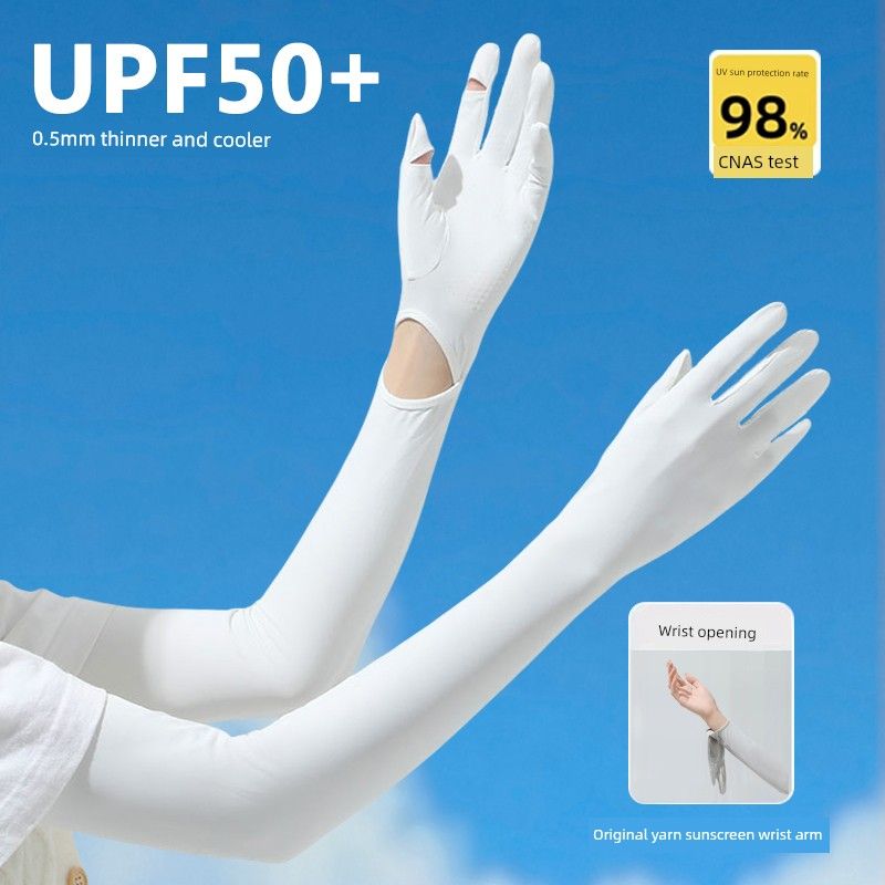 UPF50 + Ice Silk Sun Protection Gloves for Women Summer Long Five Finger UV Protection Driving Non Slip Cycling Thin Sleeve