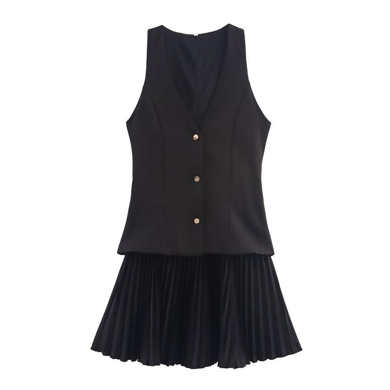 

Zbzr Spring New Women clothes Western Style Versatile Patchwork V-neck Sleeveless Mini Dress 0387063 Black L