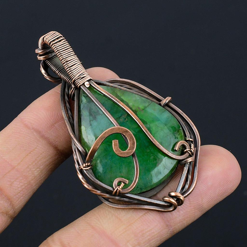 Emerald Pendant, 999 Copper Wire Wrapped Pendant Gemstone Jewelry, Handmade Pendant Amazing Jewelry, Gift For Her
