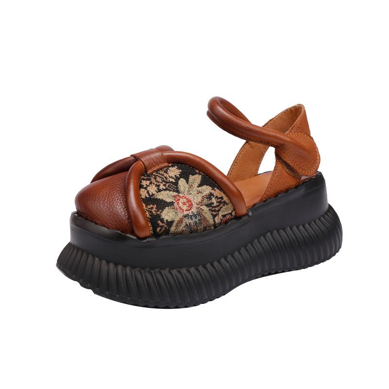 

Этнический стиль кожаные сандалии с толстой подошвой мешок головы женские летние 2024 ретро стиль вышитые вручную кексы пустые женские туфли 38 коричневый