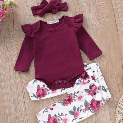 3PCS Newborn Baby Girls Tops Romper Floral Pants Headband Outfits Set Clothes