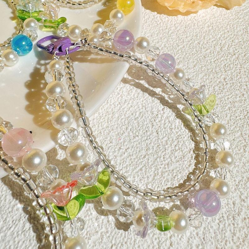 Double Layer Flower Beaded Pendant Phone Charm Hanging Rope Cute Phone Chain Strap Bag Decoration Keychain Accessories