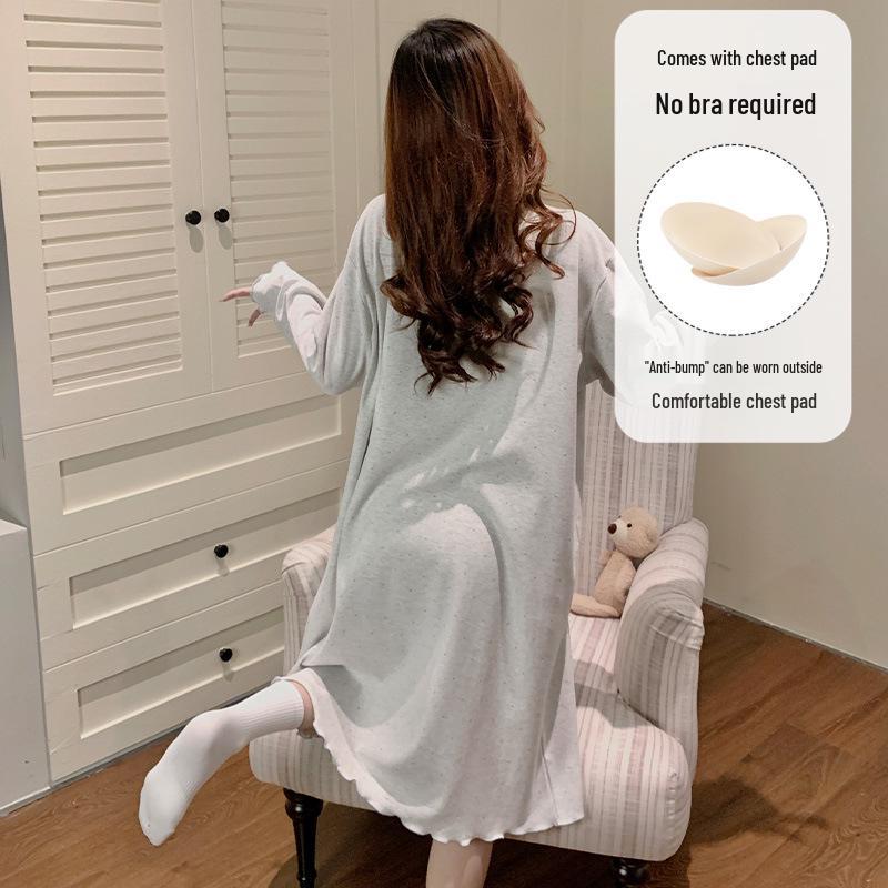 Spring & Autumn Maternity Slimming Long Sleeve Round Neck Princess Nightdress with Breast Pads, Wearable Outdoors