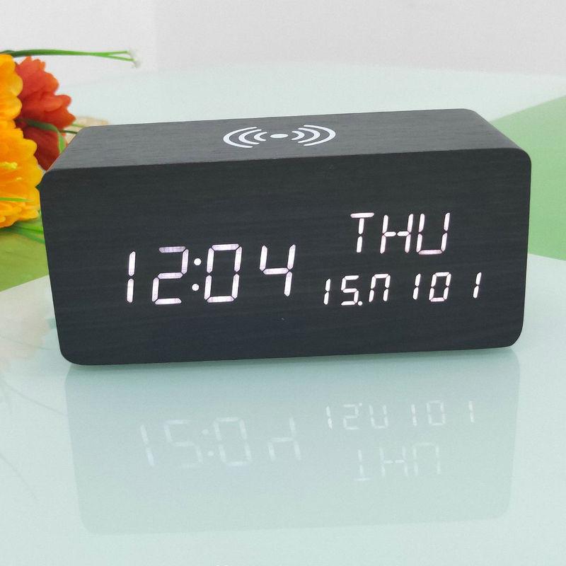 Electronic Wireless Charging Wood Clock Mobile Phone Wireless Fast Charging Electronic Digital Alarm Clock Multi Function Perpetual Calendar