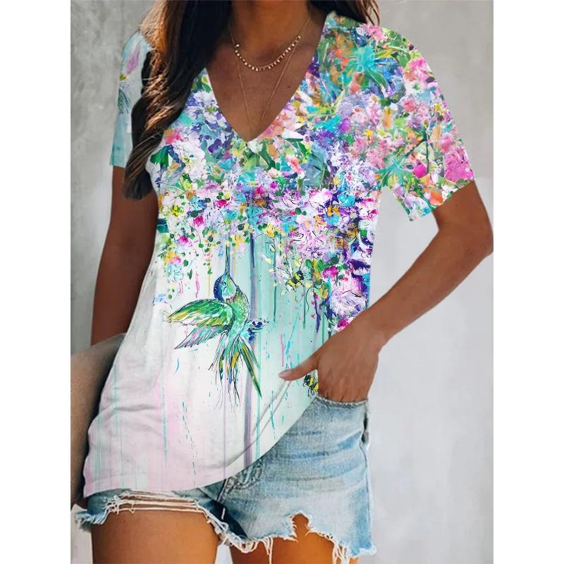 3D Printed Short Sleeve Butterfly Floral Print Women's V-Neck T-Shirt Summer Loose Women's Casual Short Sleeve Top