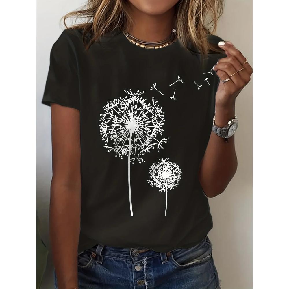 Casual Short Sleeve Top for Spring & Summer Women's Clothing Dandelion Print Crew Neck T-Shirt