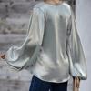 Solid Color Women Blouse Lantern Long Sleeve Simple Satin V-Neck Autumn