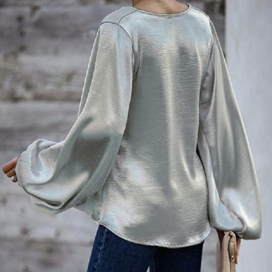Solid Color Women Blouse Lantern Long Sleeve Simple Satin V-Neck Autumn