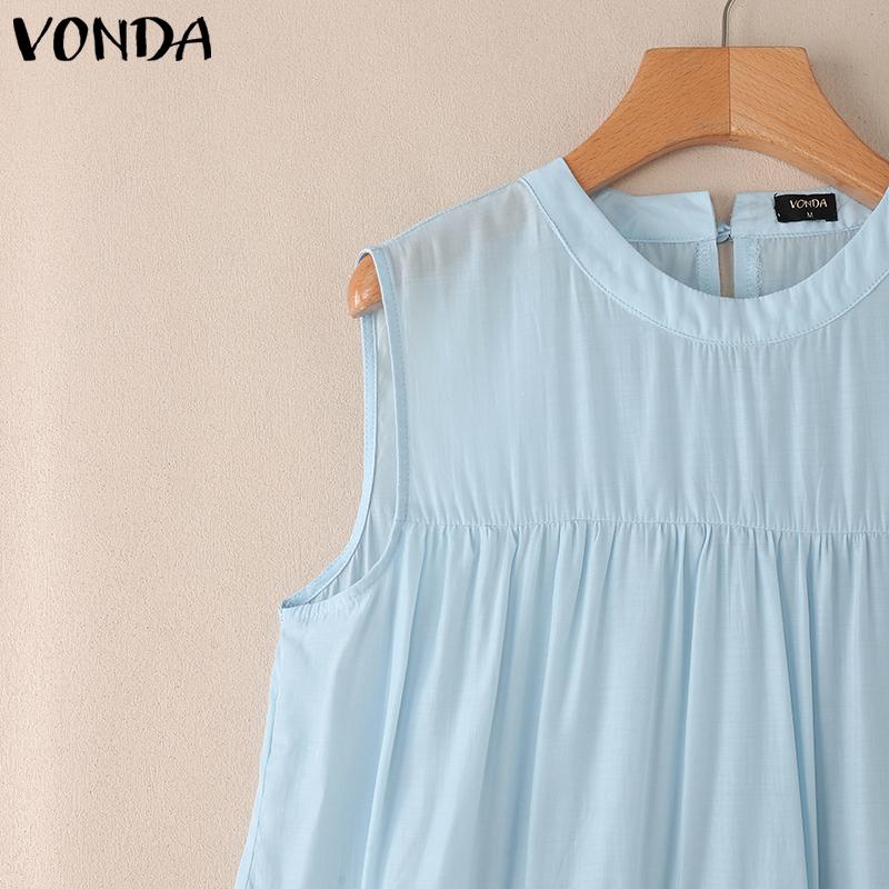 VONDA Summer Women Casual Round Neck Ruffled Loose Sleeveless Tank Tops