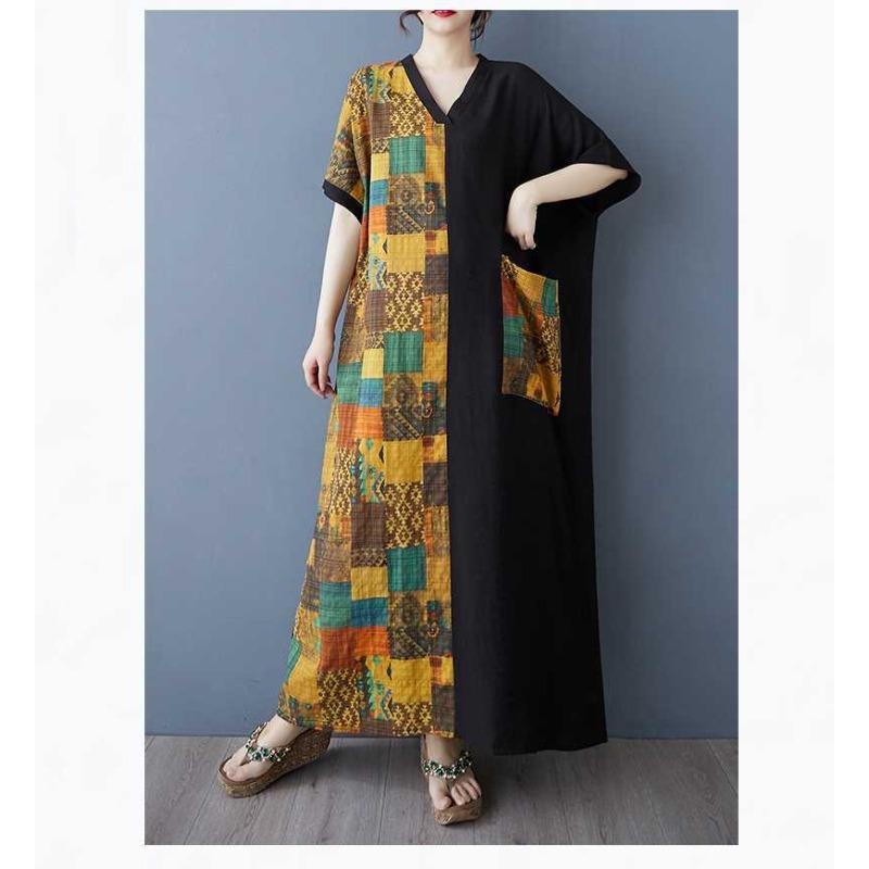 Women's Yellow Flower Spliced Black Long Dress Retro Robe