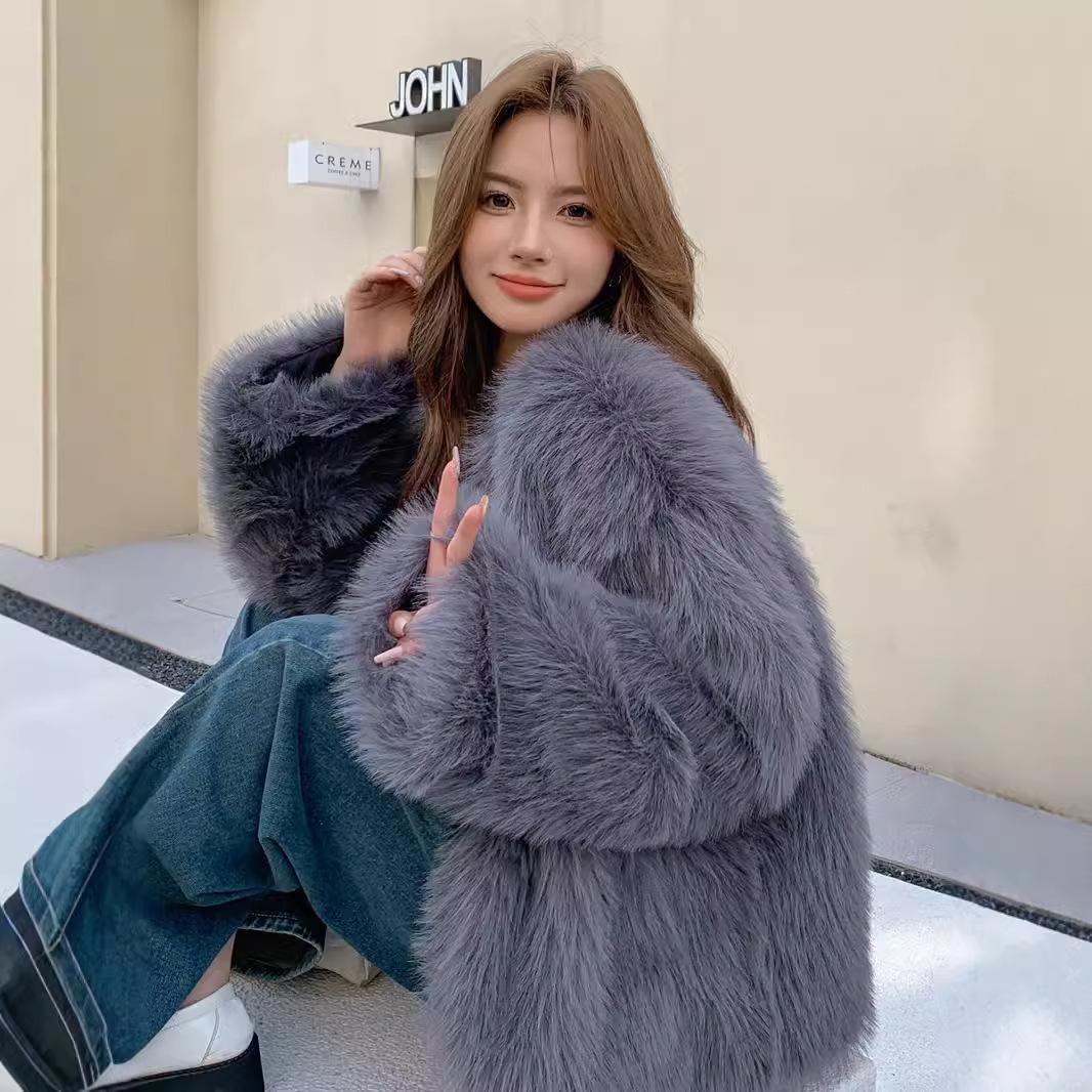 

2024 autumn and winter gray toca fox fur fur fur jacket double-breasted women s clothing large size loose plush clothes S сірий колір