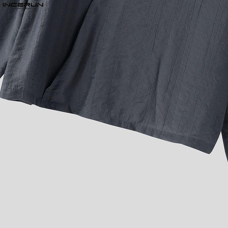 INCERUN Męskie koszule casual z kołnierzykiem V, gładkie, z długim rękawem