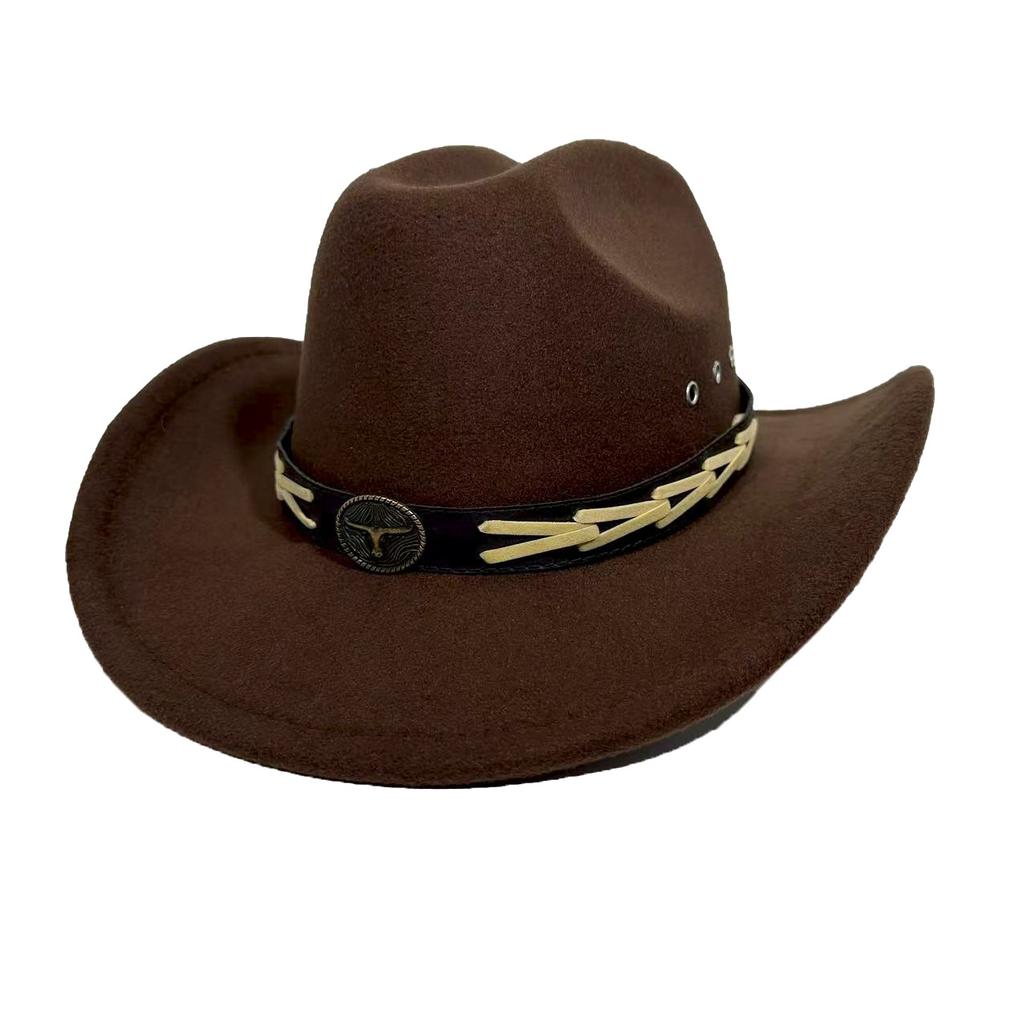 Ethnic Style Western Cowboy Hat Men And Women Autumn And Winter Versatile Retro Brown Woolen Top Hat European And American Jazz Hat