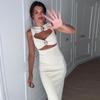 Fashion Sexy Hollow Out Strapless Solid Shell Button Long Dress Women Sleeveless Round Neck Bodycon Evening Party Dress
