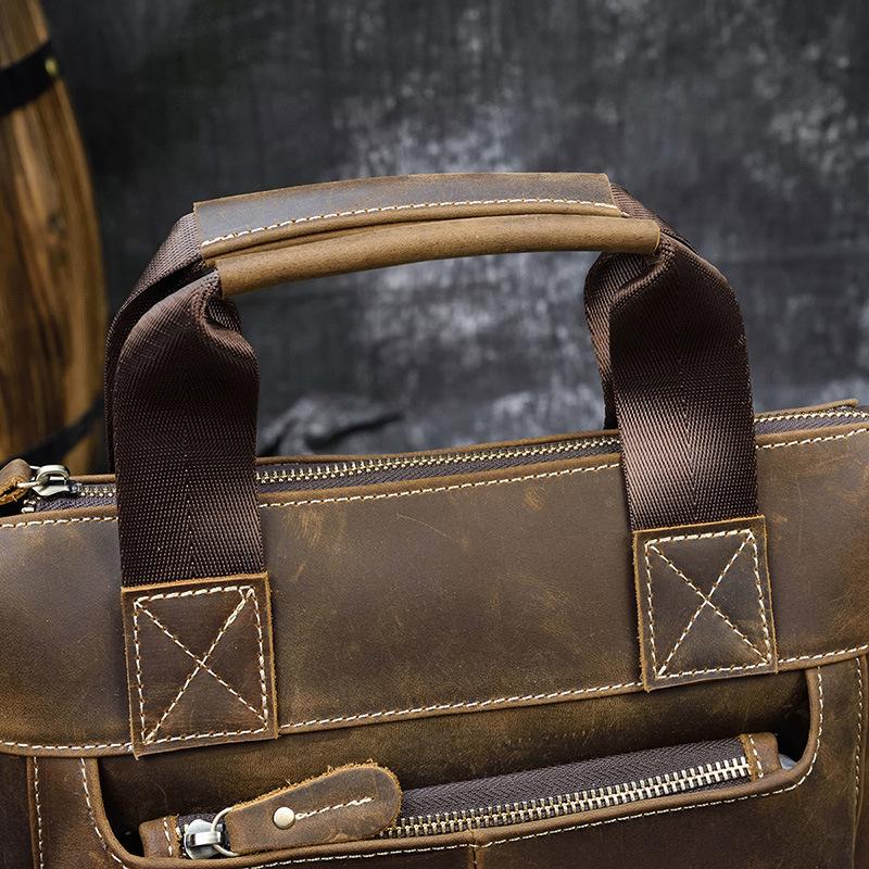 Men'S Leather Handbag Vertical Crazy Horse Leather A4 Briefcase Casual Bag Business Messenger Bag Retro Shoulder Bag