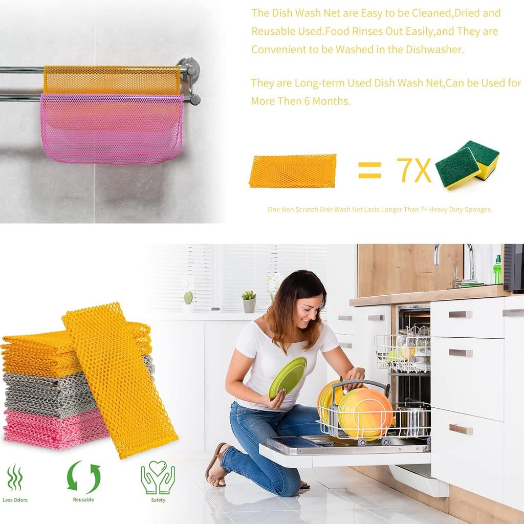 5pcs Household Kitchen Anti-Scratch Dish Wash Net Microfiber 3D Cleaning Mesh Cloth Reusable Dishwashing Cloth Scouring Pads