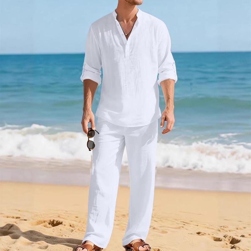 Mens Linen Blend Henley Neck Roll-Up Sleeve Shirt and Pants Set S белый