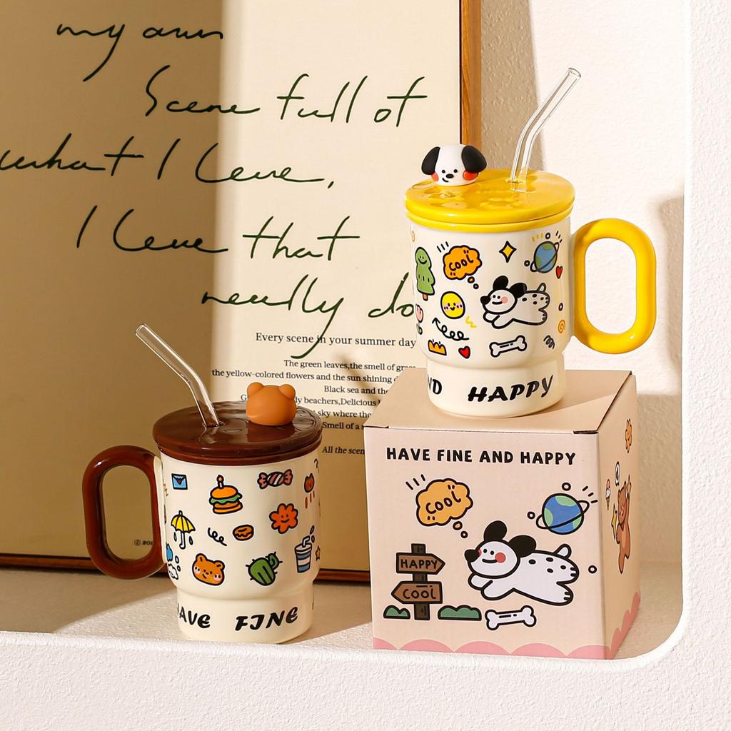 Straw mug with lid High value cute animal ceramic cup Household water cup Couple coffee juice cup