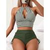 2025 Halter High Waist Bikinis Striped Swimsuit Women Hollow Out Swimwear Female Bathers Bathing Swimming Swim Suit Beachwear