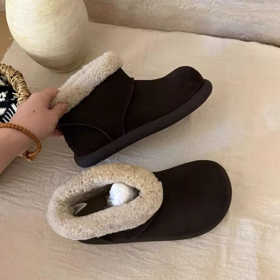 Verze z měkké kůže~ retro kulatá špička ošklivé roztomilé kotníkové boty dámské sametové nízké sněhule teplé velké bavlněné boty na silné podrážce nadýchané boty