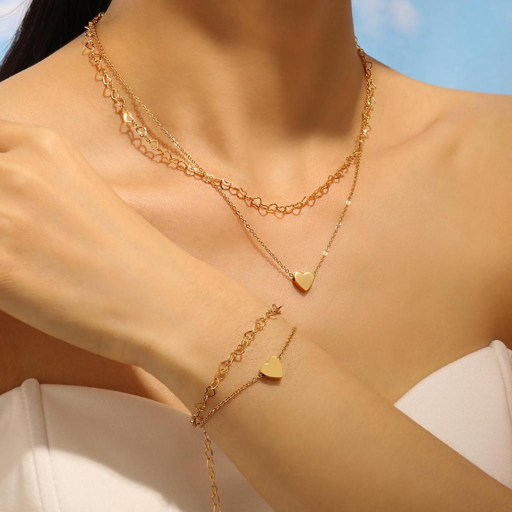 Korean Titanium Steel Heart Bracelet & Necklace Set - Non-Fading, Double-Layer Stackable, Ins Style