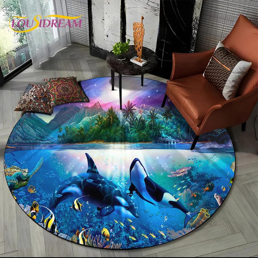 Underwater World Dream Seabed Fish Cartoon Round Carpet Rug for Living Room Bedroom Kids Decor,Pet Area Rug Non-slip Floor Mat