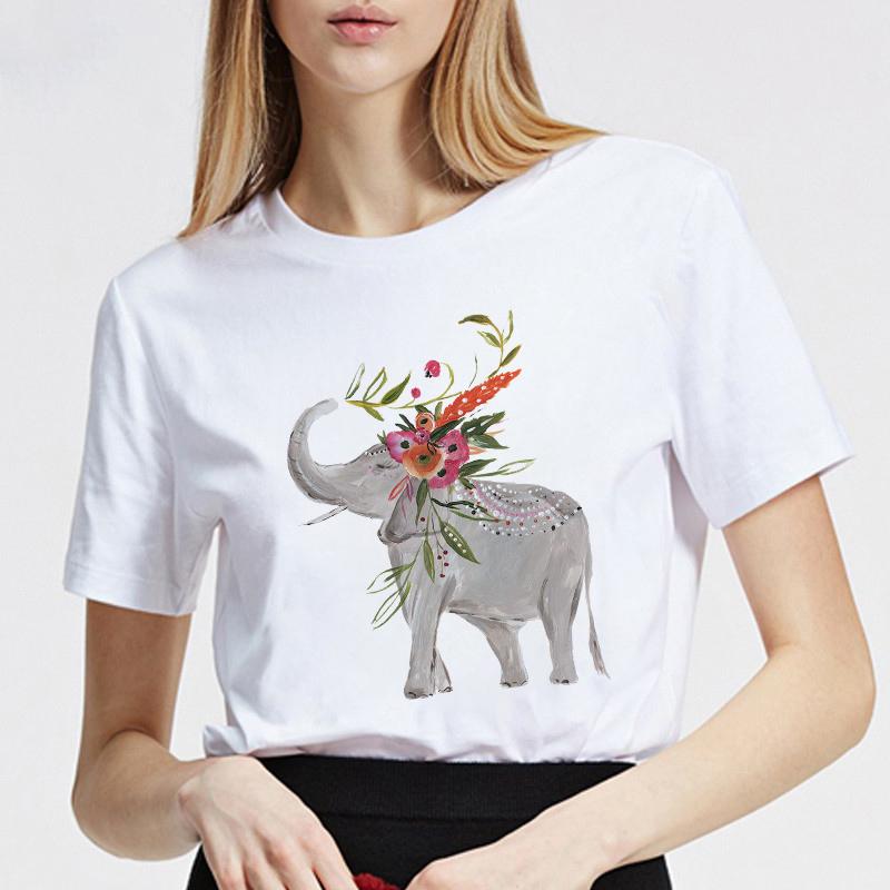 Women Tshirt Summer Round Neck Basic Cartoon Elephant Streetwear Trend Style 90S Short Sleeve Lady Clothes Female Tee Tops