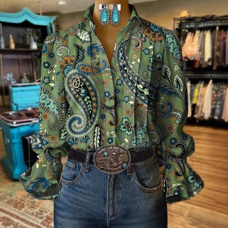 Womens Paisley Print Flared Sleeve Lapel Collar Long Sleeve Casual Shirt S