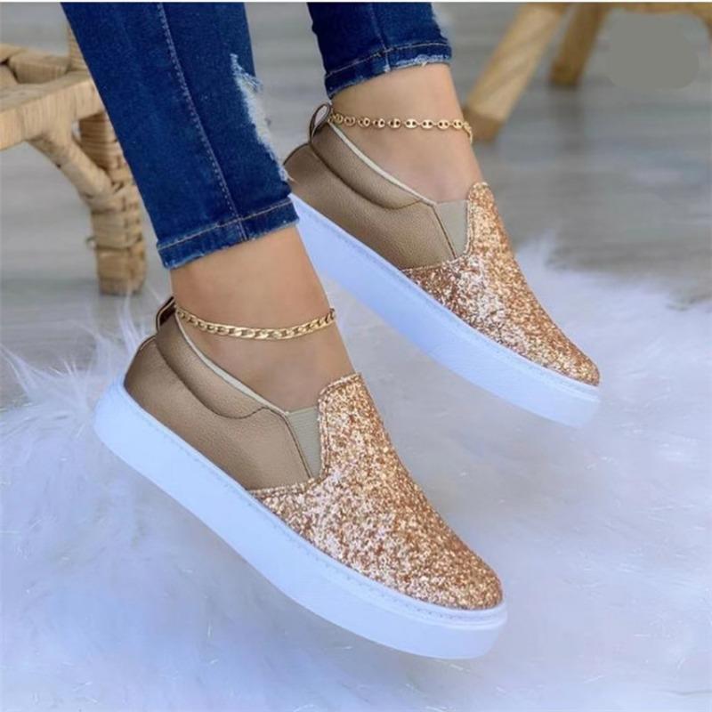 Large size board shoes spring and autumn new sequined round head casual single shoes women's flat lazy shoes