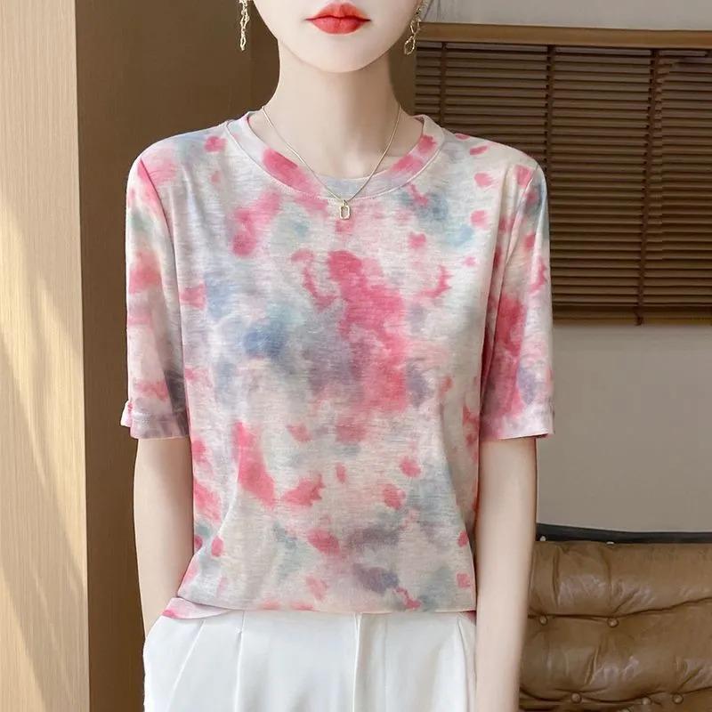 Women Beige and Pink Butterfly Print Short Sleeve T-Shirt
