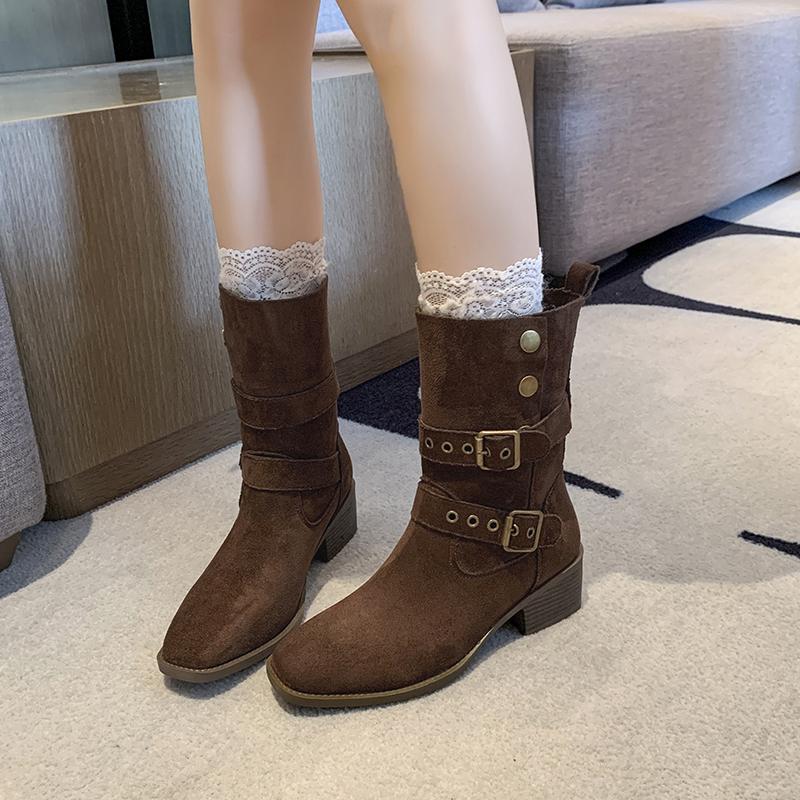 Winter Comfortable/Non Slip Large Thick Heel Midsole Boots Fashion New Round Head Double Buckle Elegant Casual Boots For Women