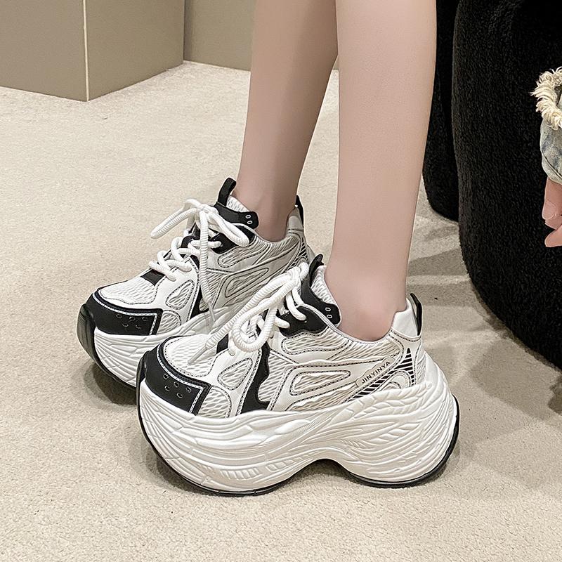 Fashion 8CM Women Thick Leather Sneakers New Autumn High Platform Dad Shoes Women Casual Trainer Sneakers Thick Sole Vulcanize Shoes