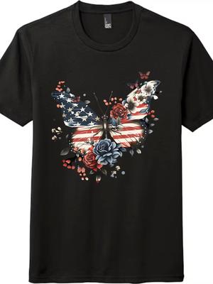 American Flag Butterfly Floral Print Unisex Cotton Crew Neck T-Shirt Mens Womens Tees Top Casual Tee
