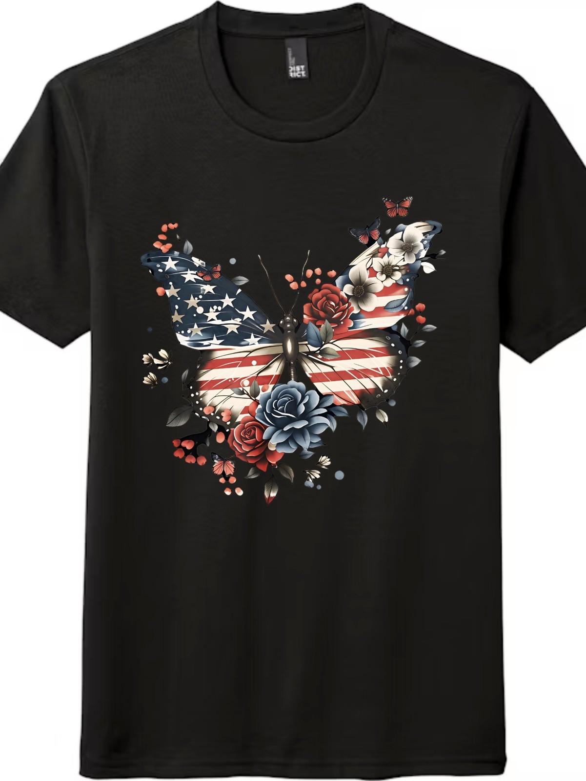 American Flag Butterfly Floral Print Unisex Cotton Crew Neck T-Shirt Mens Womens Tees Top Casual Tee S