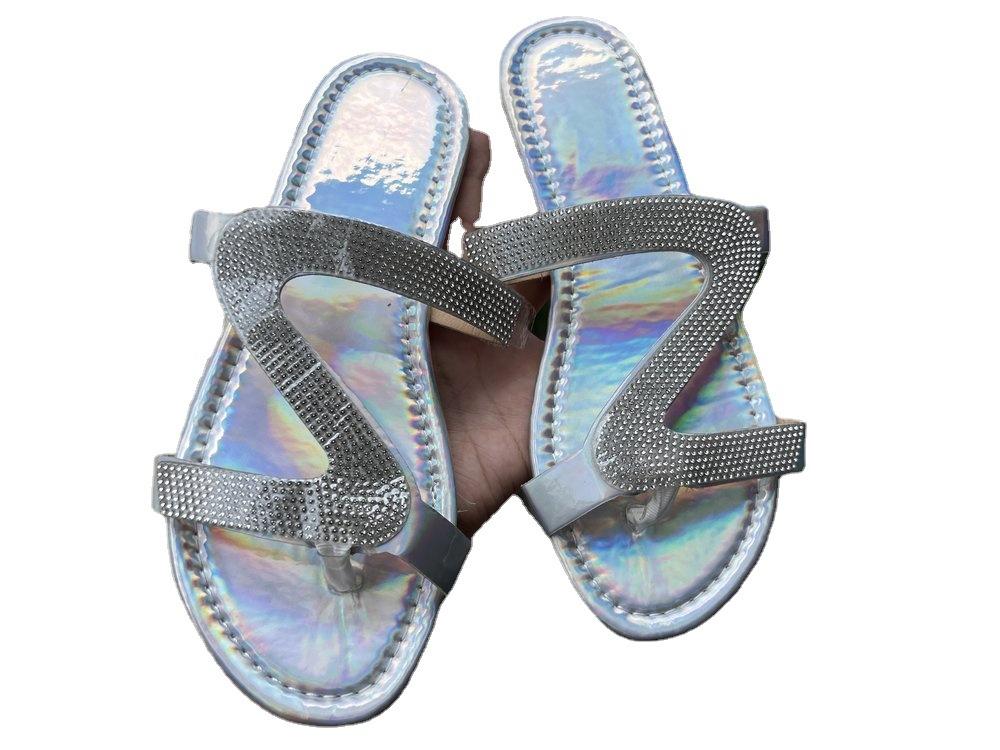 Large size rhinestone sandals new Z-shaped summer flat bottom casual open-toed Roman women's slippers