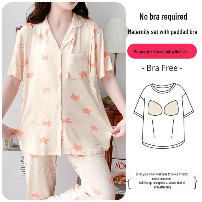 Plus Size Modal Cotton Maternity Pajamas - Short & Long Sleeve with Breast Pads for Nursing Moms