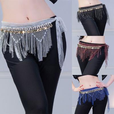 Waist Accent Belly Dance Hip Scarf with Coin Trim and Mesh Fringe for Practice Styling, Stage Routine, and Costume Wear